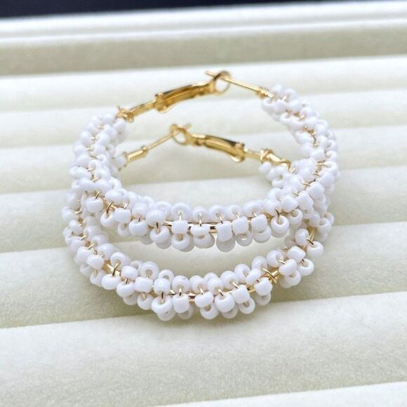 Yellow Gold Wire Wrapped White Beaded Open Round Hinged Post Hoop Earrings - Picture 6 of 9